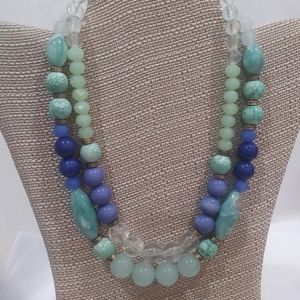 Mint Green and Blue Beaded Two-Strand Chunky Beaded Necklace